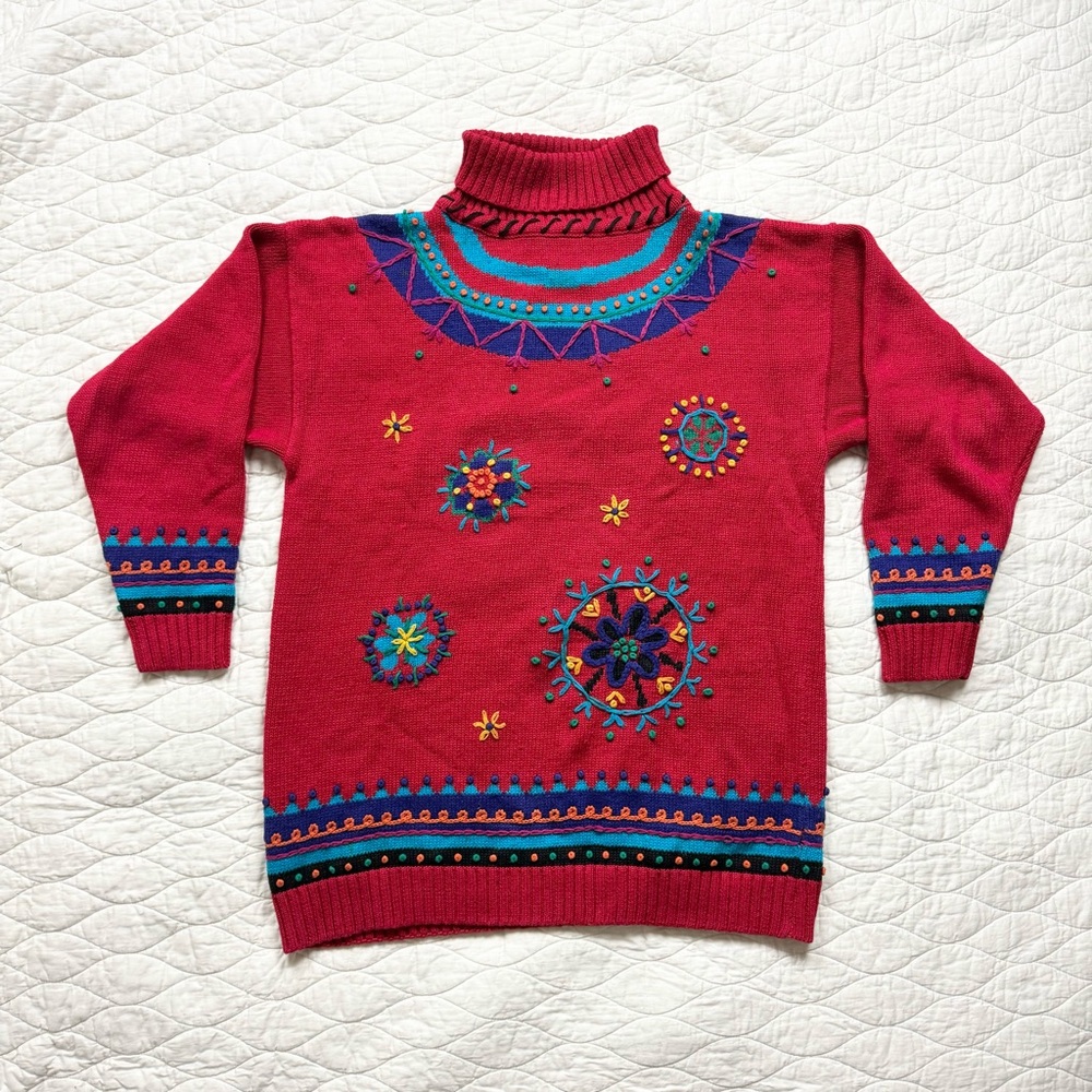 Vintage Turtleneck Sweater Chunky Grandma Red Blue Embroidered Ramie Tunic M